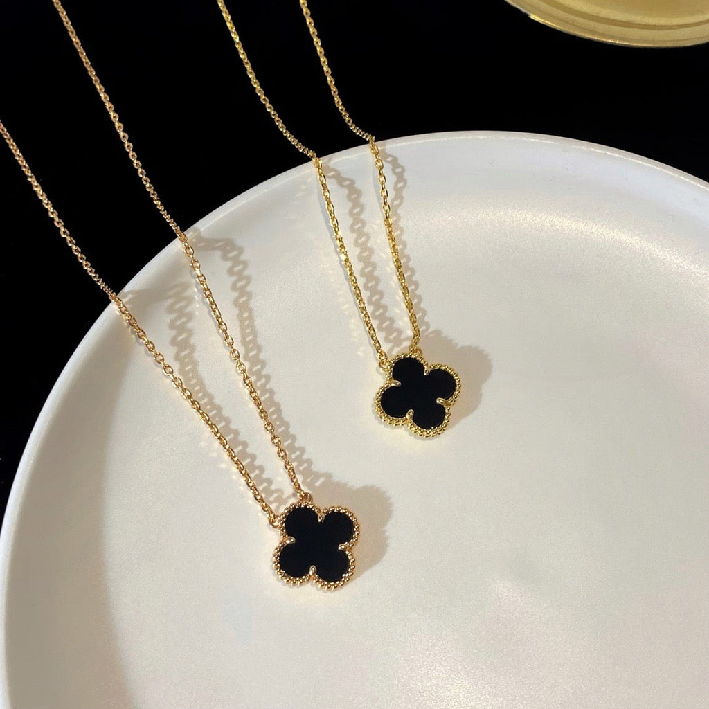 [Demi jewelry]CLOVER 15MM BLACK ONYX SINGLE FLOWER NECKLACE