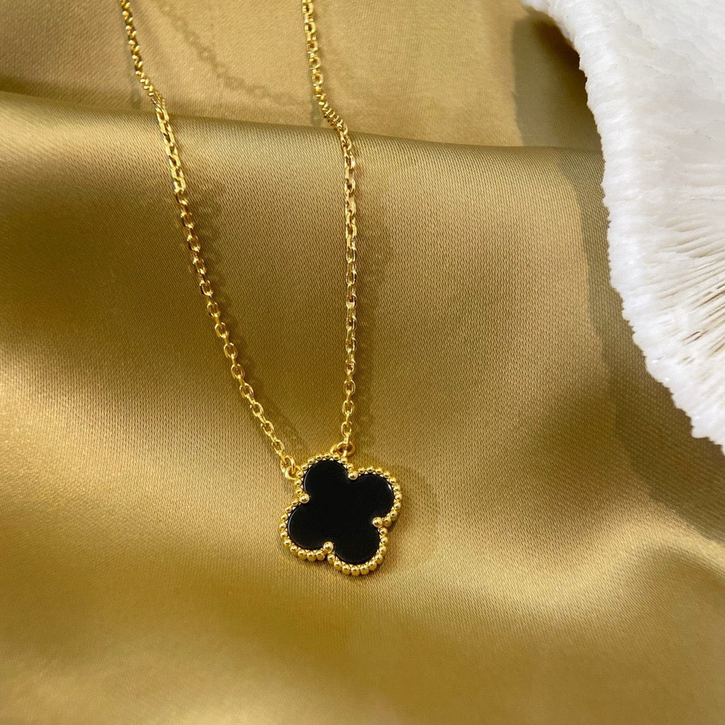 [Demi jewelry]CLOVER 15MM BLACK ONYX SINGLE FLOWER NECKLACE