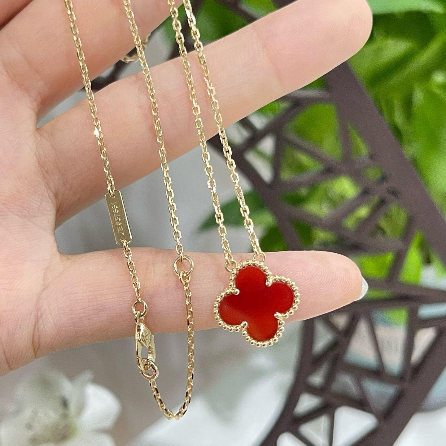 [Demi jewelry]CLOVER 15MM CARNELIAN SINGLE FLOWER NECKLACE