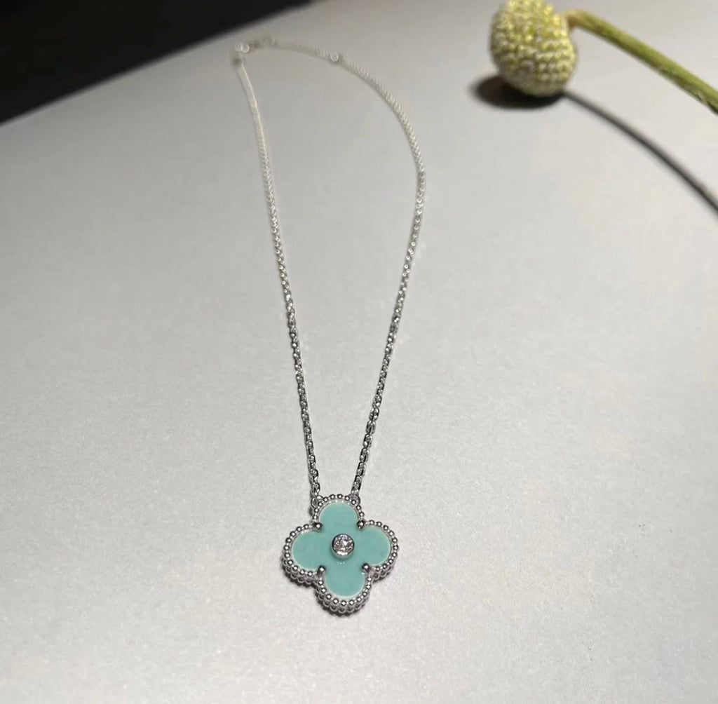 [Demi jewelry]CLOVER 1 DIAMOND LIGHT BLUE SILVER NECKLACE