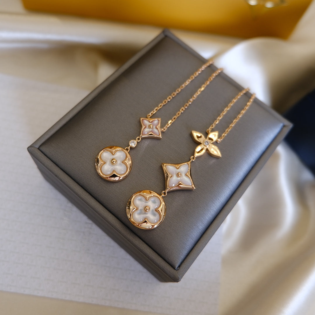 [Demi jewelry]COLOR BLOSSOM LARIAT NECKLACE PINK GOLD WHITE MOTHER PEARL AND DIAMOND