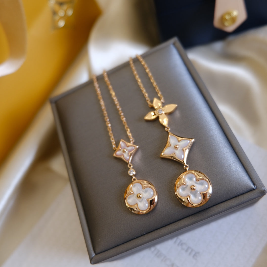 [Mystic]COLOR BLOSSOM LARIAT NECKLACE PINK GOLD WHITE MOTHER PEARL AND DIAMOND