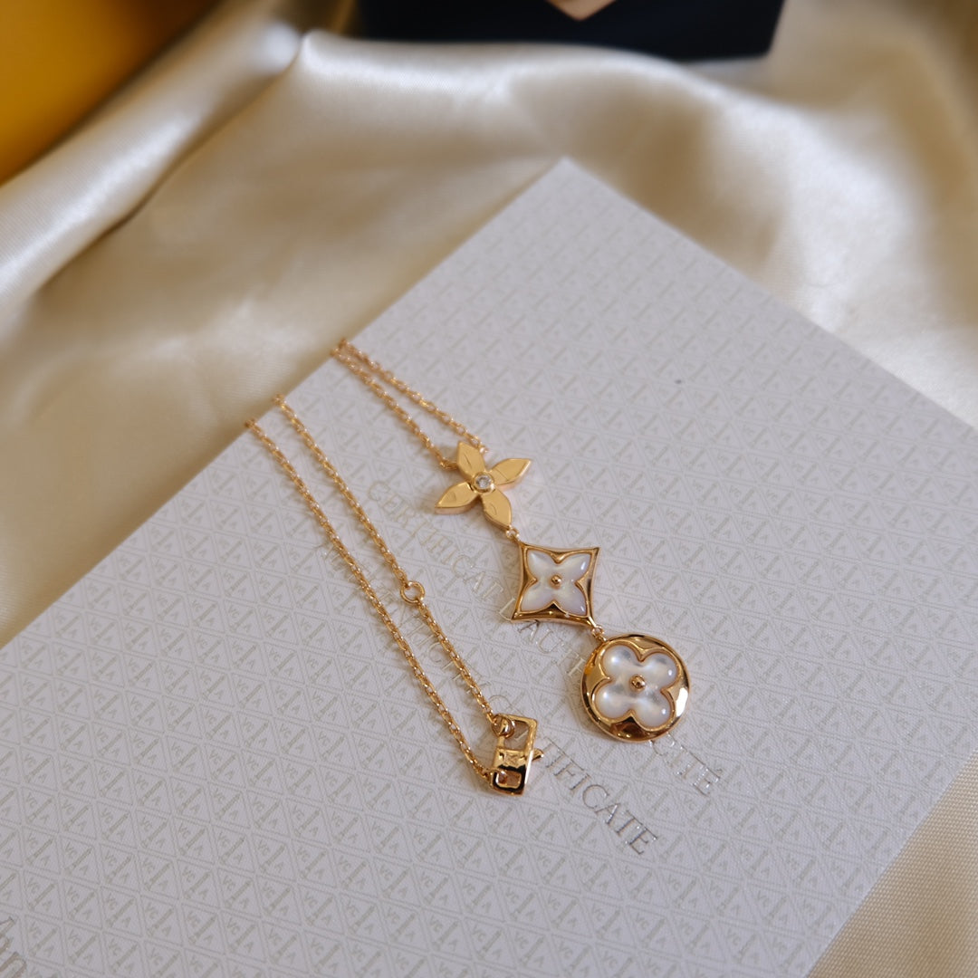 [Mystic]COLOR BLOSSOM LARIAT NECKLACE PINK GOLD WHITE MOTHER PEARL AND DIAMOND
