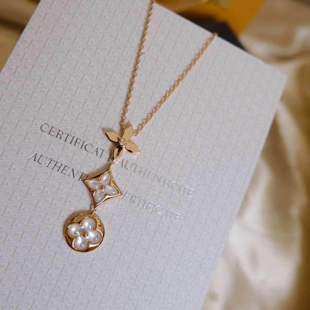 [Demi jewelry]COLOR BLOSSOM LARIAT NECKLACE PINK GOLD WHITE MOTHER PEARL AND DIAMOND