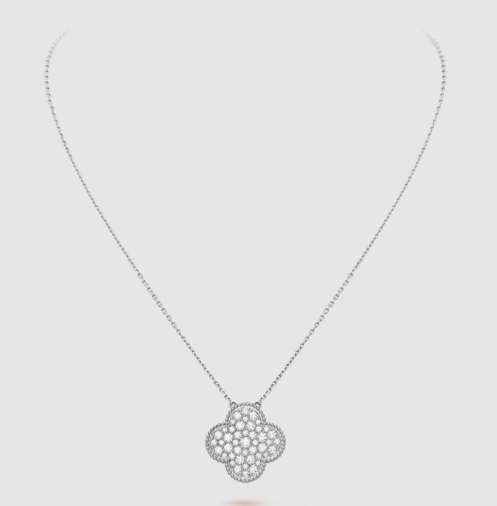 [Demi jewelry]CLOVER 25MM LARGE PENDANT DIAMOND PAVED SILVER NECKLACE