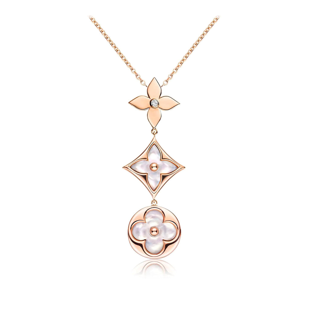 [Demi jewelry]COLOR BLOSSOM LARIAT NECKLACE PINK GOLD WHITE MOTHER PEARL AND DIAMOND