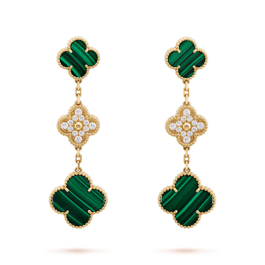 [Mystic]CLOVER EARRINGS GOLD MALACHITE DIAMOND 3 MOTIF