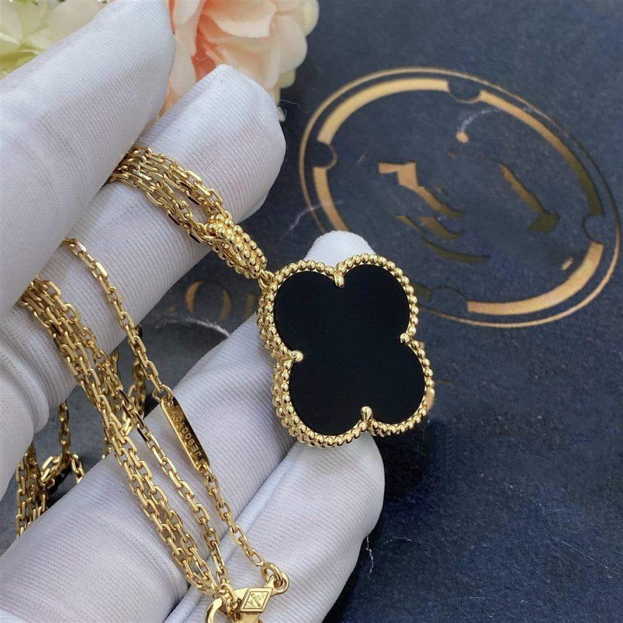 [Demi jewelry]CLOVER 25MM GOLD ONYX BIG CLOVER NECKLACE