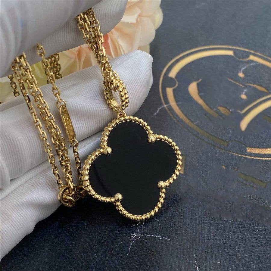 [Demi jewelry]CLOVER 25MM GOLD ONYX BIG CLOVER NECKLACE
