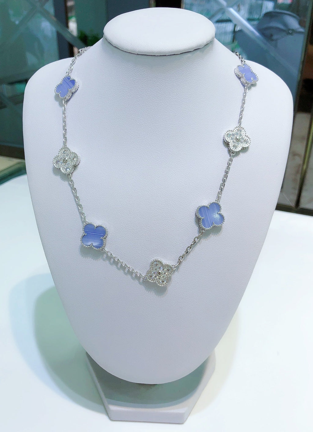 [Demi jewelry]CLOVER 10 MOTIFS CHALCEDONY DIAMONDS SILVER NECKLACE