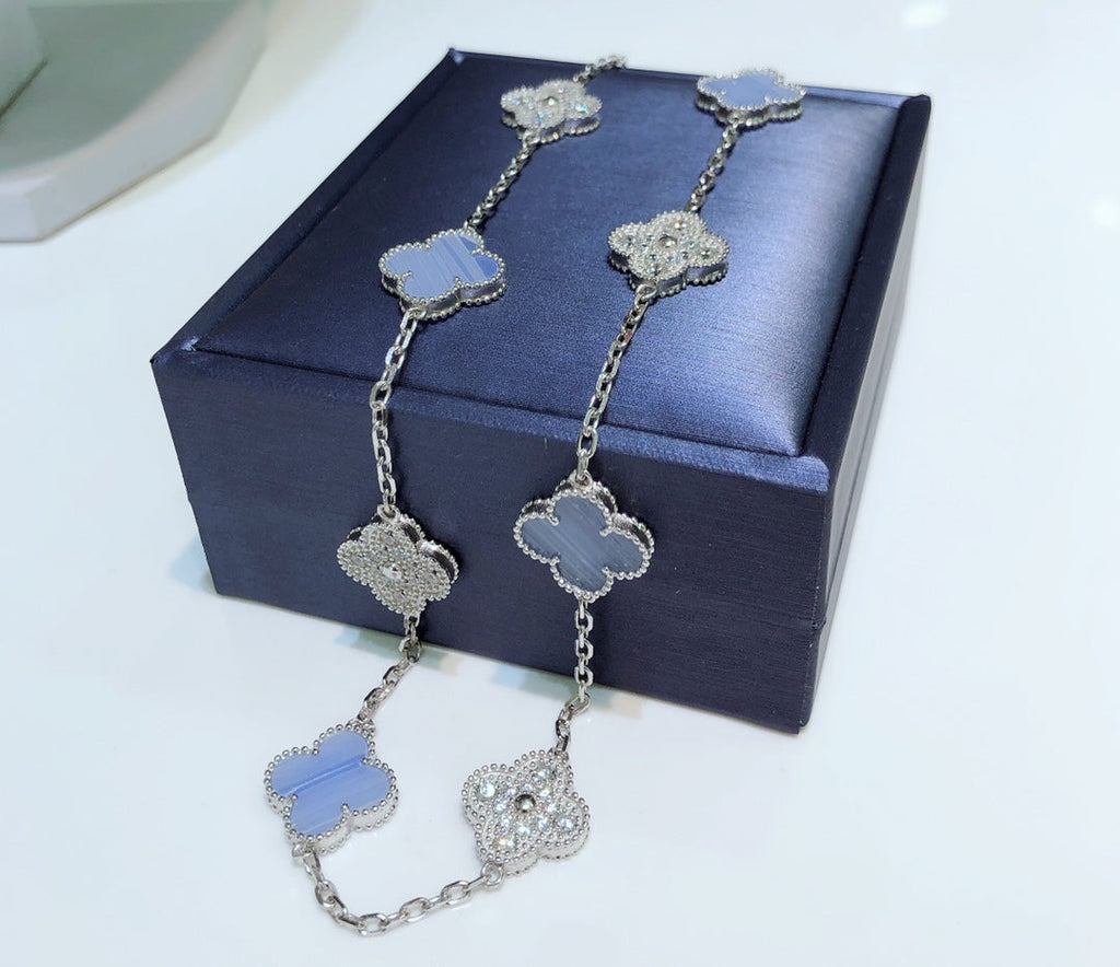 [Demi jewelry]CLOVER 10 MOTIFS CHALCEDONY DIAMONDS SILVER NECKLACE