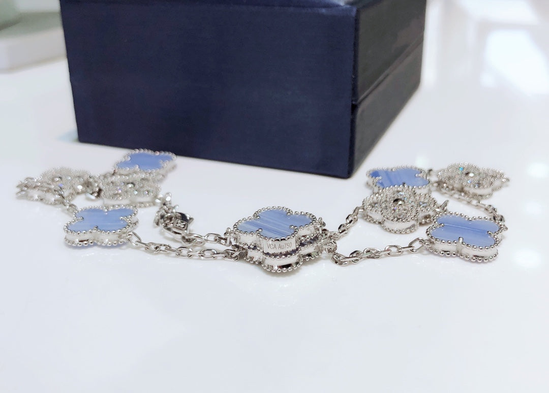 [Demi jewelry]CLOVER 10 MOTIFS CHALCEDONY DIAMONDS SILVER NECKLACE