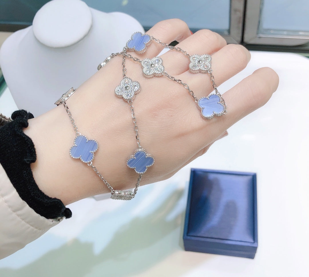 [Demi jewelry]CLOVER 10 MOTIFS CHALCEDONY DIAMONDS SILVER NECKLACE